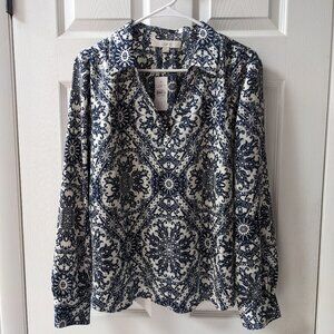 LOFT Navy and White Printed Long-Sleeve Blouse